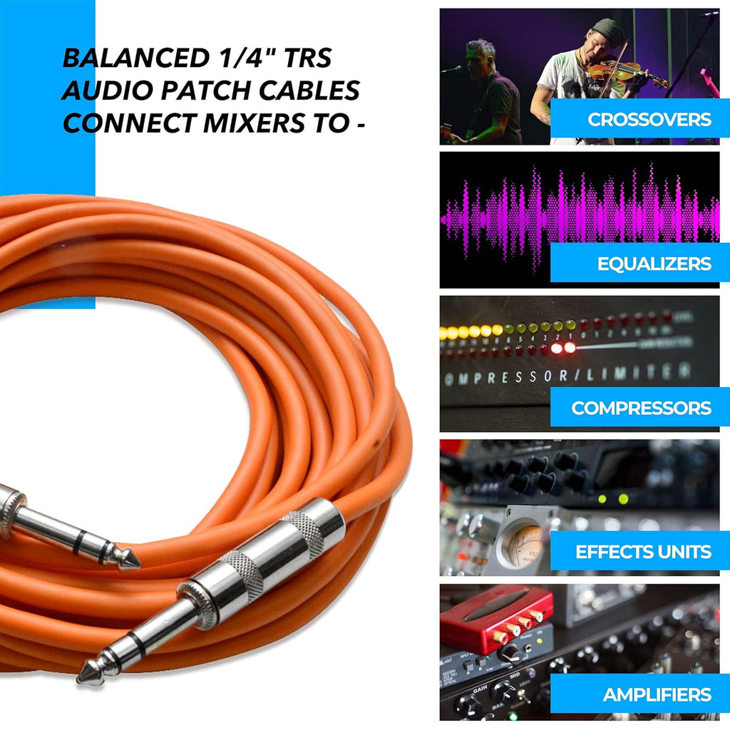 Speakers ¼” to ¼” TRS Patch Cables, 25 Foot Patch Cables, Pack of 6, Multi Color