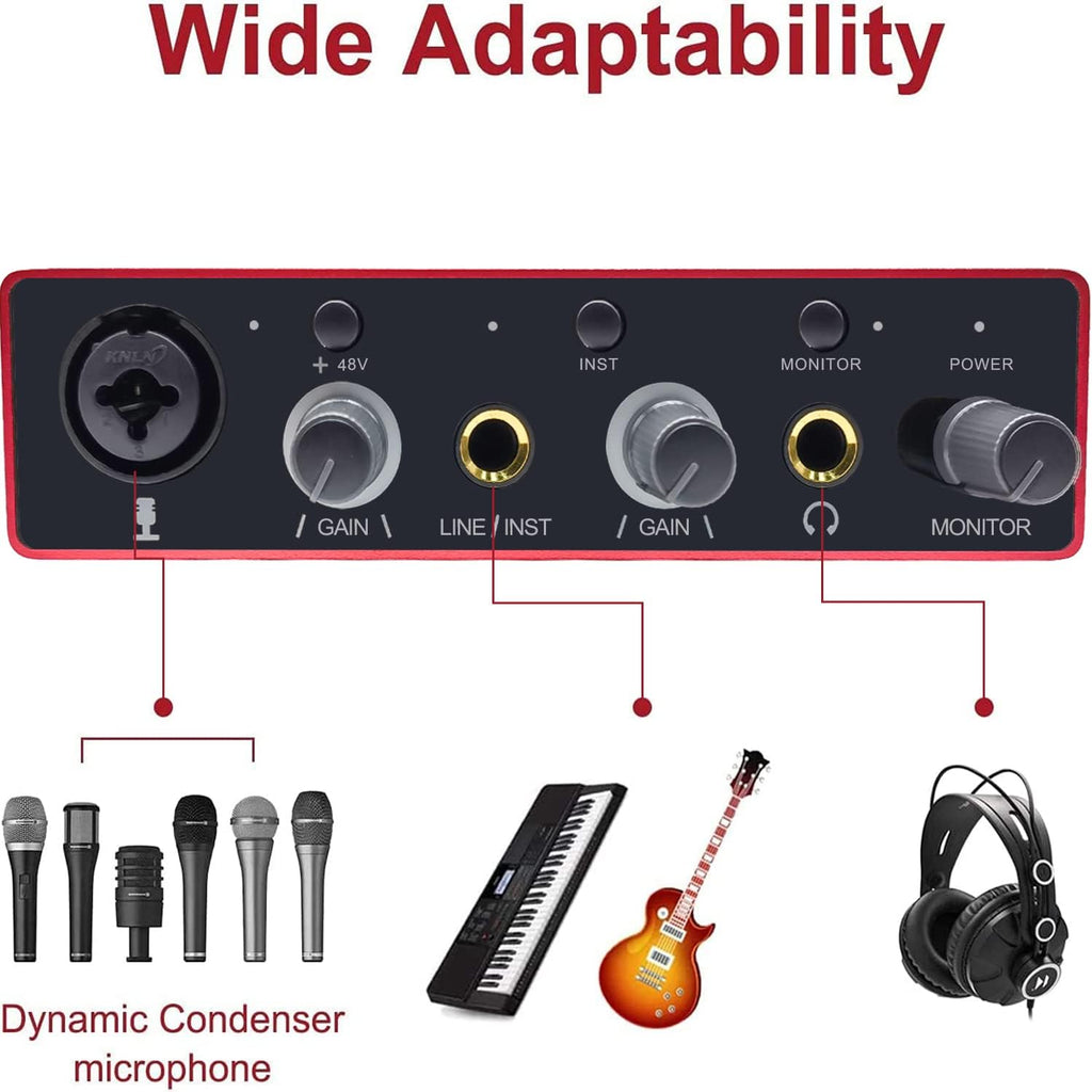 Audio Interface USB Audio Interface with Mic Preamplifier USB Audio Mixer Recorder with 48V Phantom Power, 24 Bit, Support Tablet, Computers and Other Equipment Recording （NO DAW Software Included）
