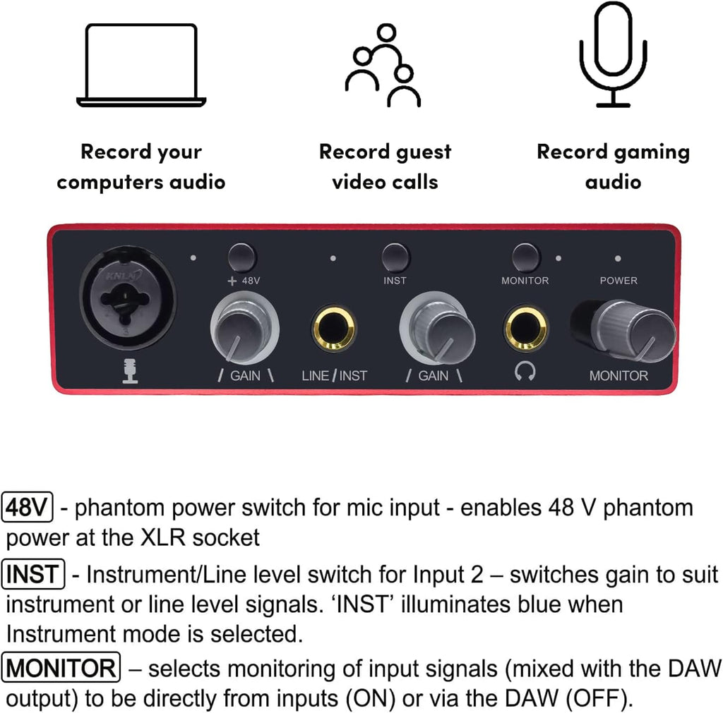 Audio Interface USB Audio Interface with Mic Preamplifier USB Audio Mixer Recorder with 48V Phantom Power, 24 Bit, Support Tablet, Computers and Other Equipment Recording （NO DAW Software Included）