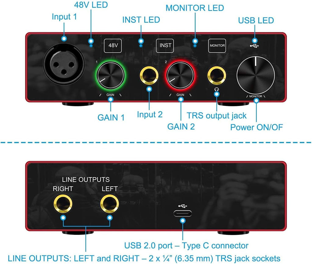 Audio Interface USB Audio Interface with Mic Preamplifier USB Audio Mixer Recorder with 48V Phantom Power, 24 Bit, Support Tablet, Computers and Other Equipment Recording （NO DAW Software Included）