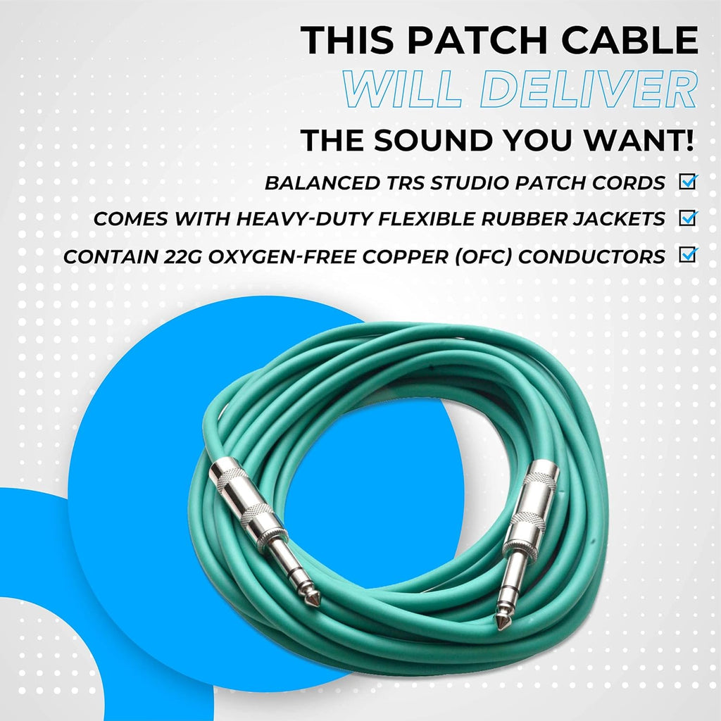 Speakers ¼” to ¼” TRS Patch Cables, 25 Foot Patch Cables, Pack of 6, Multi Color