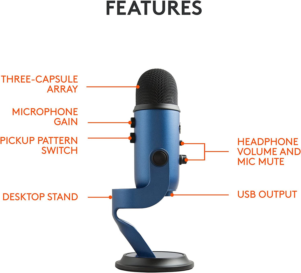 Creators Blue Yeti USB Microphone for Gaming, Streaming, Podcast, Youtube, Discord, PC, Studio Sound, Plug &amp; Play-Midnight Blue