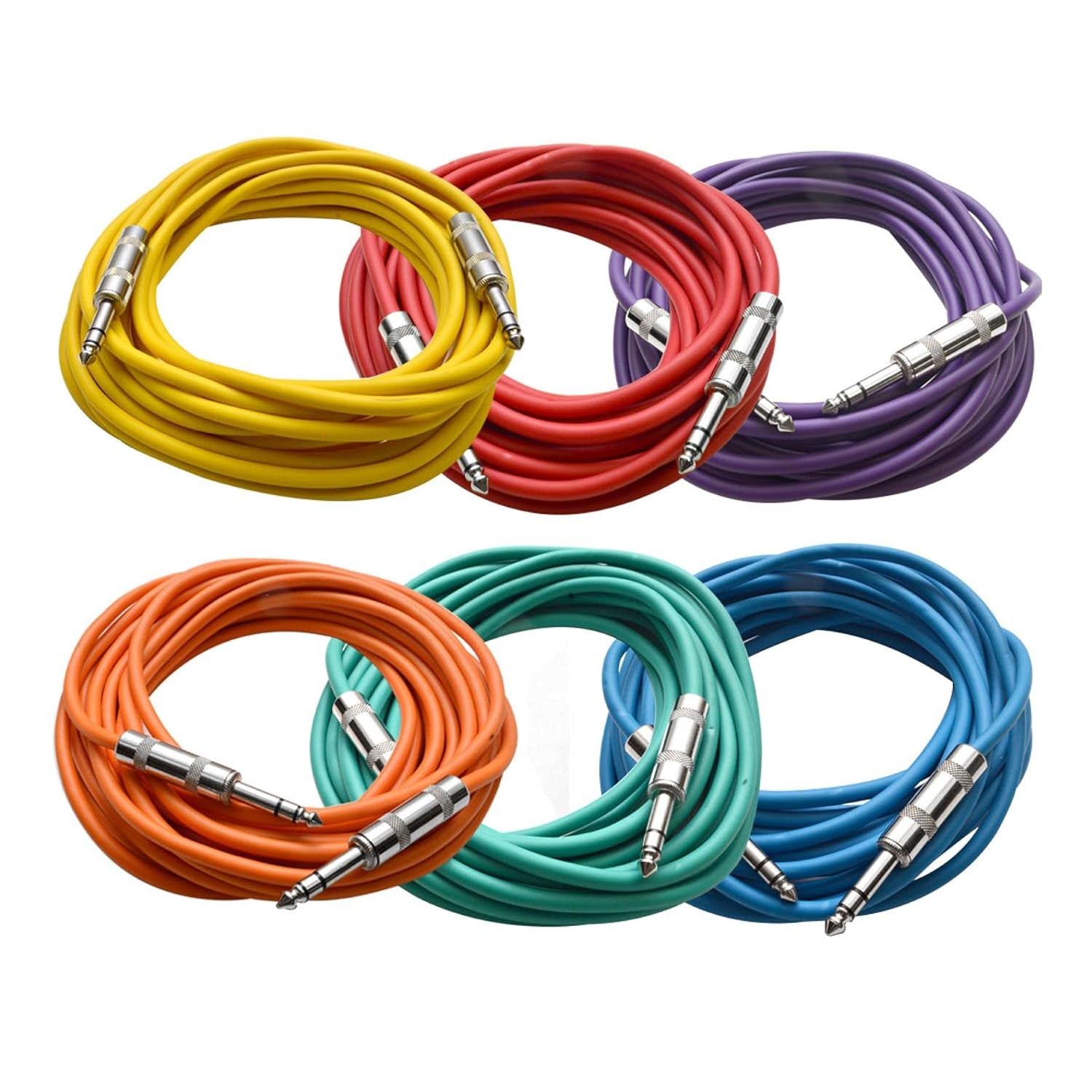 Speakers ¼” to ¼” TRS Patch Cables, 25 Foot Patch Cables, Pack of 6, Multi Color