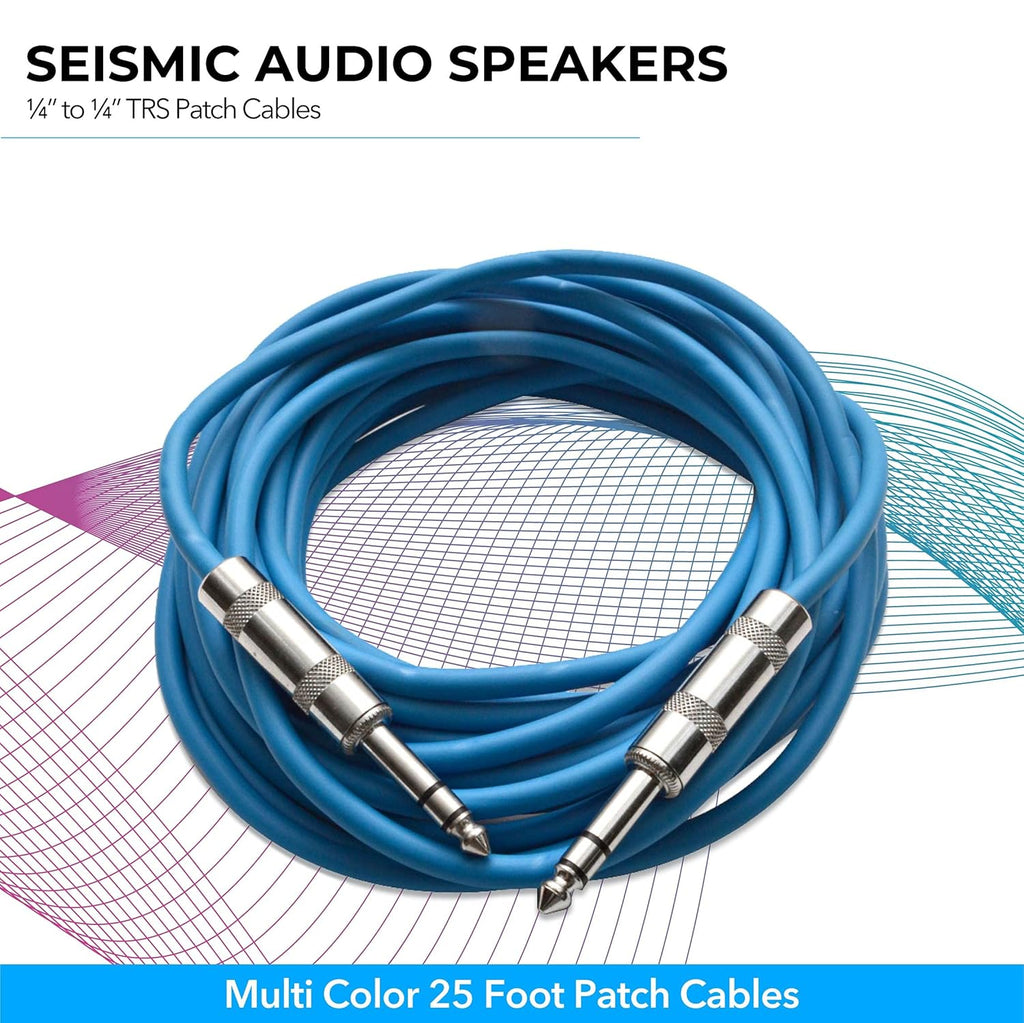 Speakers ¼” to ¼” TRS Patch Cables, 25 Foot Patch Cables, Pack of 6, Multi Color